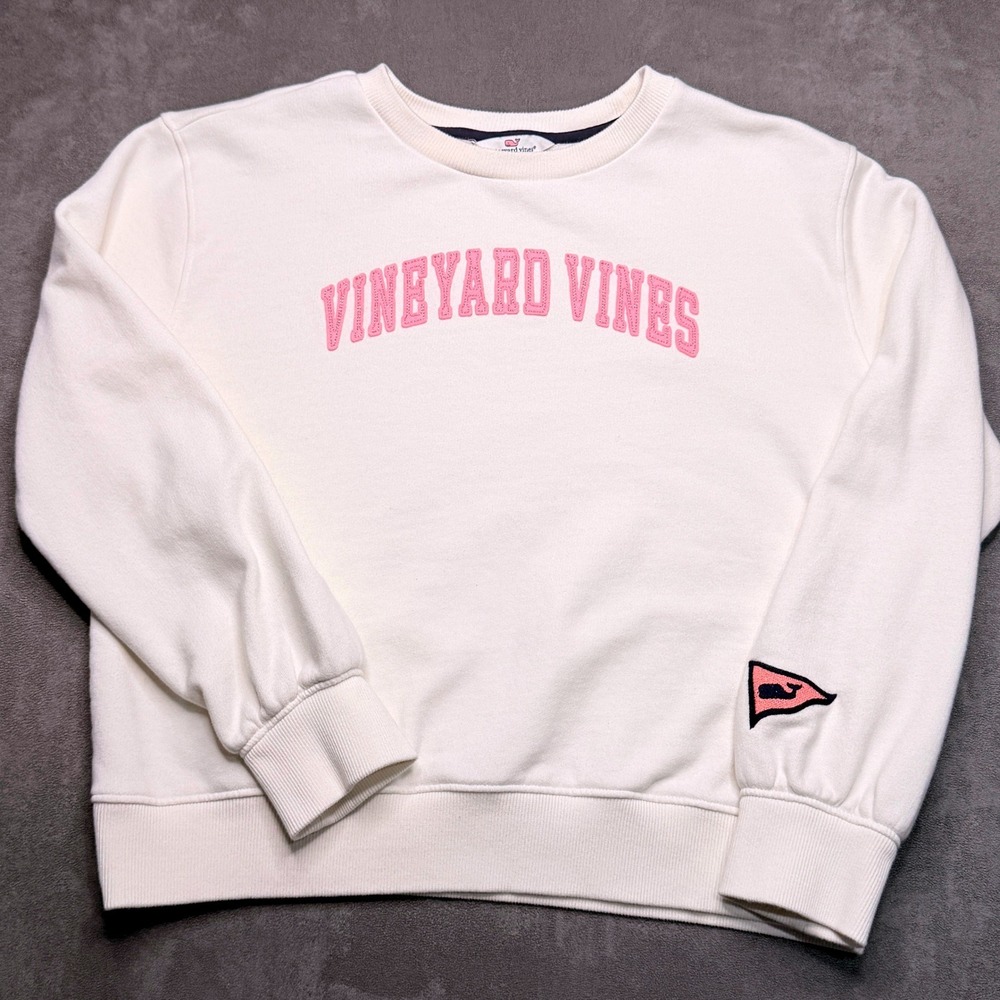 Vineyard Vines Youth Girls L 14 Cream Sweatshirt Pink Logo Whale Patch Relaxed